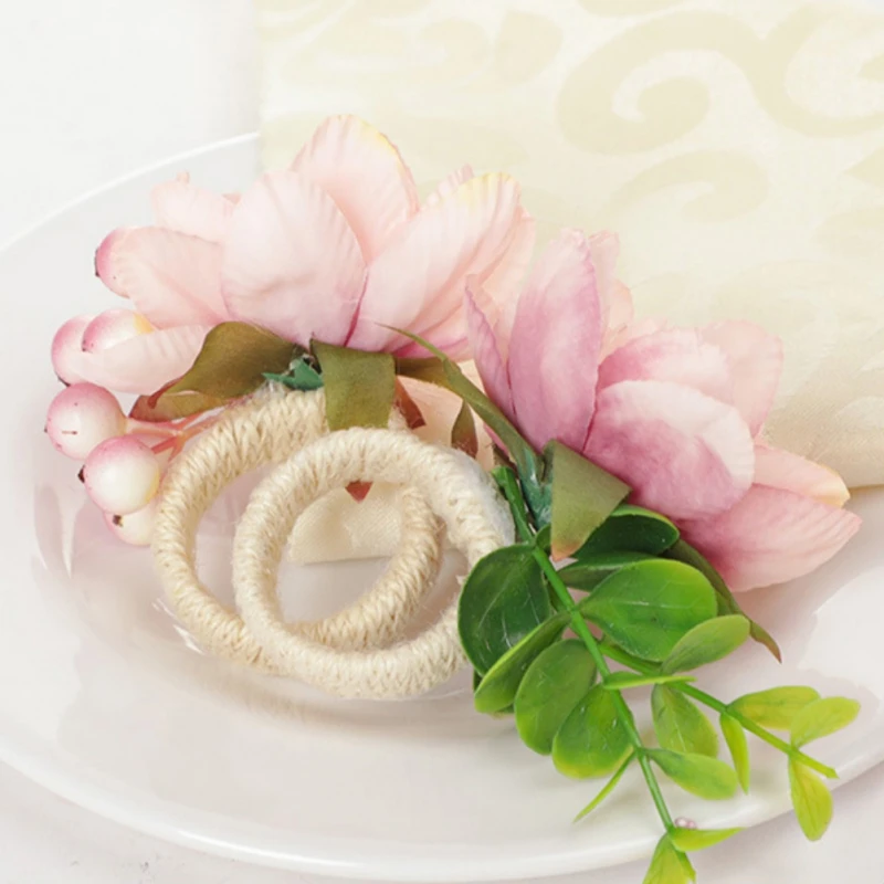 Artificial Flower Napkin Rings Hotel Napkin Holder Circle Napkin Buckle for Christmas Wedding Birthday Party Dinner Table Decor