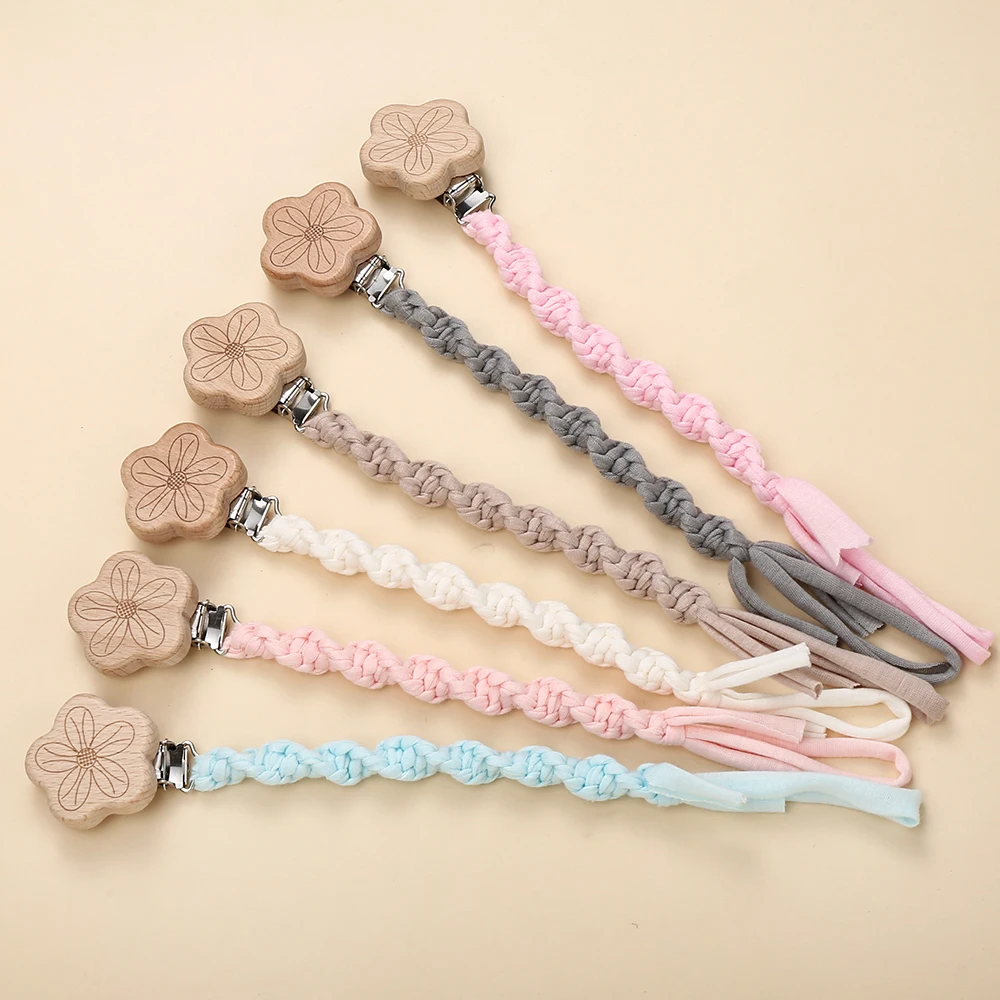 Clip de sucette en bois de hêtre pour bébé, chaîne en tissu faite à la main, Clips de sucettes pour nouveau-né, porte-factice, jouets de dentition, chaînes de mamelon