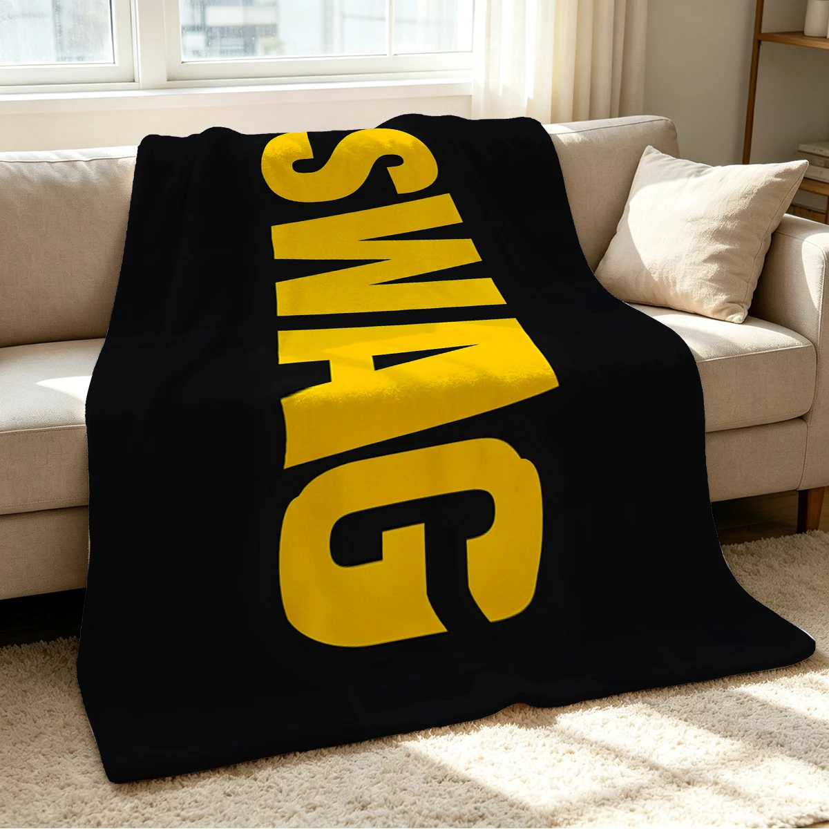 Black Yellow SWAG Text Flannel Blanket Warm Soft Halloween Christmas Couch Warm Cozy Decorative Decor Gift for All Season