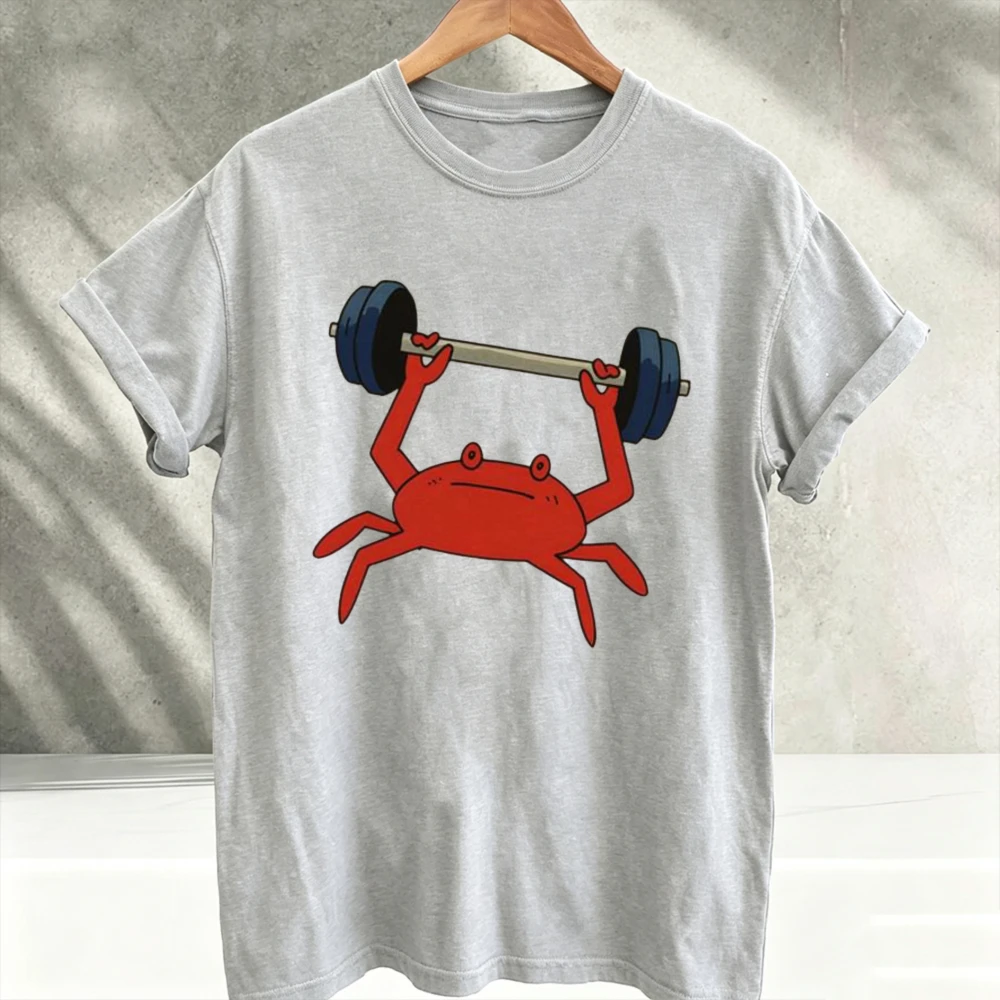 Funny Weightlifting Red Crab Lifting Barbell Graphic T‑Shirt Cute Sea Animal Gym Fitness Workout Cartoon Print Soft Cotton Tees