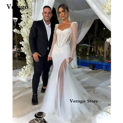 Verngo Sexy Long Sleeves Mermaid Lace Wedding Dresses Sweetheart Tulle Slit Cut-Out Slim Bride Gowns Elegant Robe de mariage