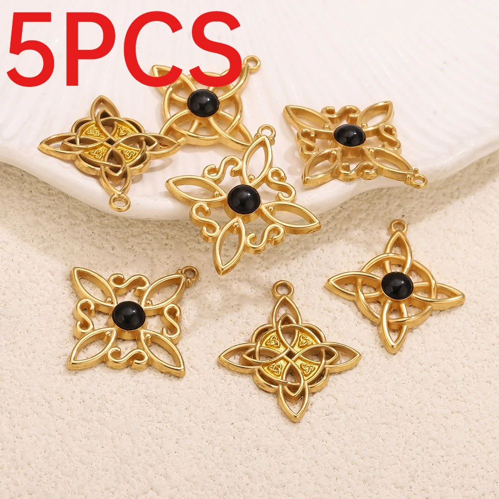 5Pcs Stainless Steel Celtic Knot Pendants Simple Hollow Charms With Black Stone For DIY Handmade Jewelry Making