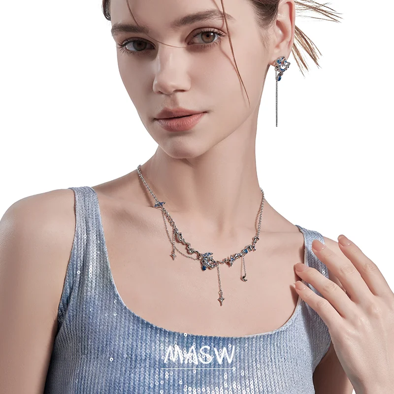 MASW Original Design Cool High Quality Brass Thick Silver Plated Blue Star Moon Pendant Necklace For Women Jewelry Gift