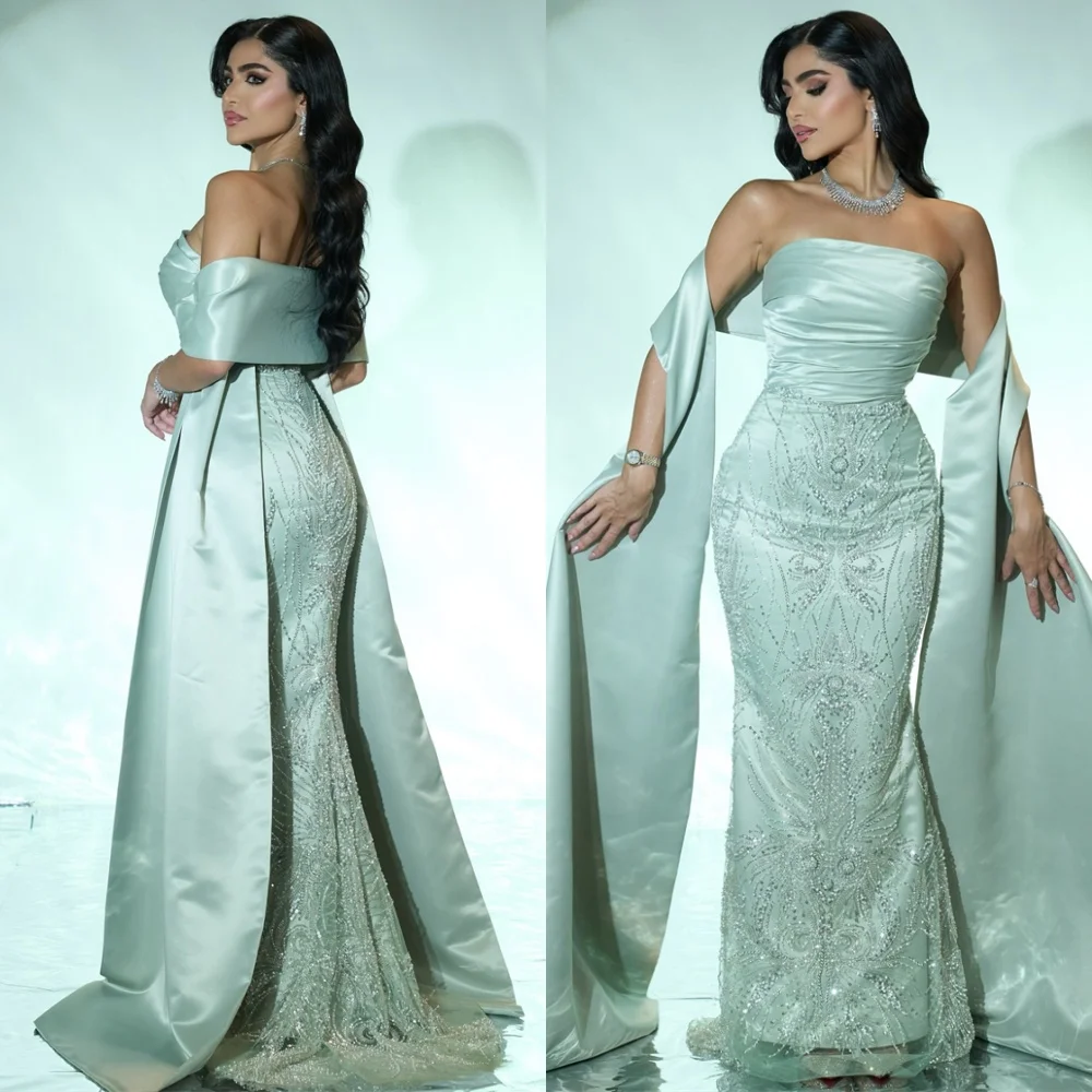 

Customized Mermaid High Quality Satin Evening Dress Modern Strapless Homecoming Dresses Classic Sweep Train Vestido De Festa