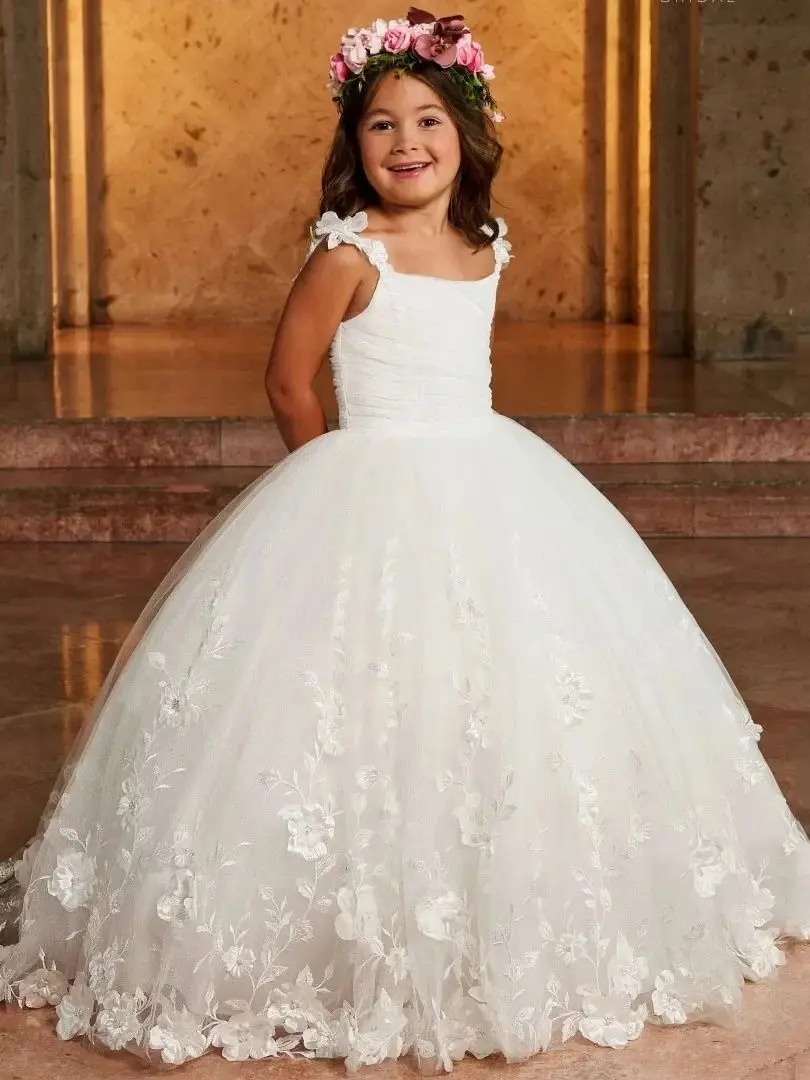 ชุดเดรสเด็กหญิงถือดอกไม้สีขาว แต่งระบายลายดอกไม้ แขนกุด สำหรับงานแต่งงาน งานวันเกิด งานเลี้ยง งานพรอม งานรับศีลมหาสนิท