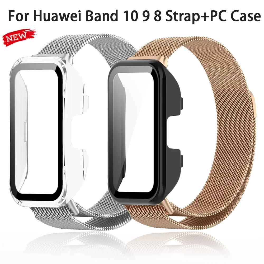Milanese Strap+PC Case for Huawei Band 10 9 8 Magnetic Bracelet Wristband Shell for Huawei Band 9 Correa Belt Protective Cover