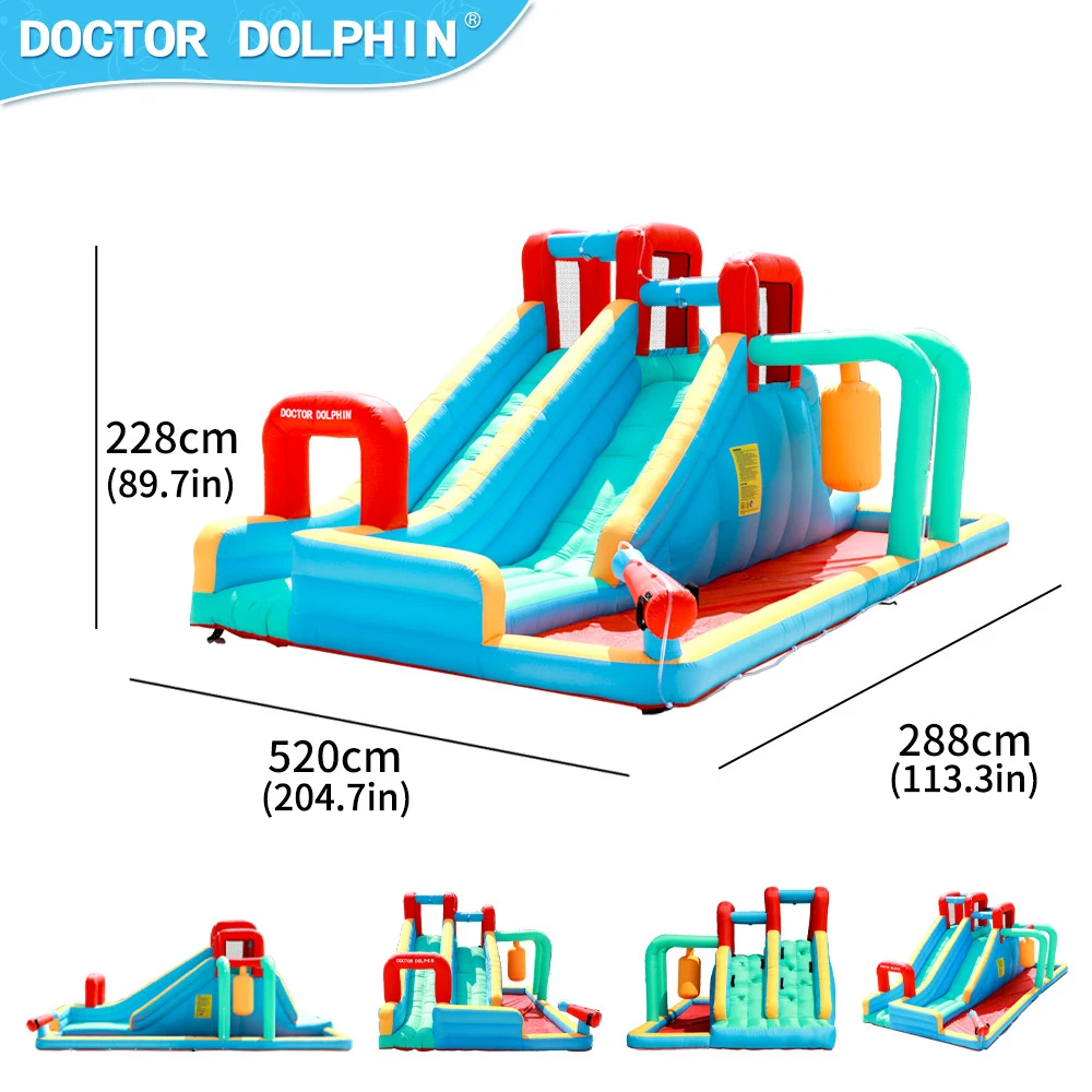 สไลเดอร์น้ำเป่าลมราคาถูกพร้อมบ้านเด้งดึ๋งสำหรับเด็ก ดีไซน์ใหม่จาก Doctor Dolphin เหมาะสำหรับงานปาร์ตี้