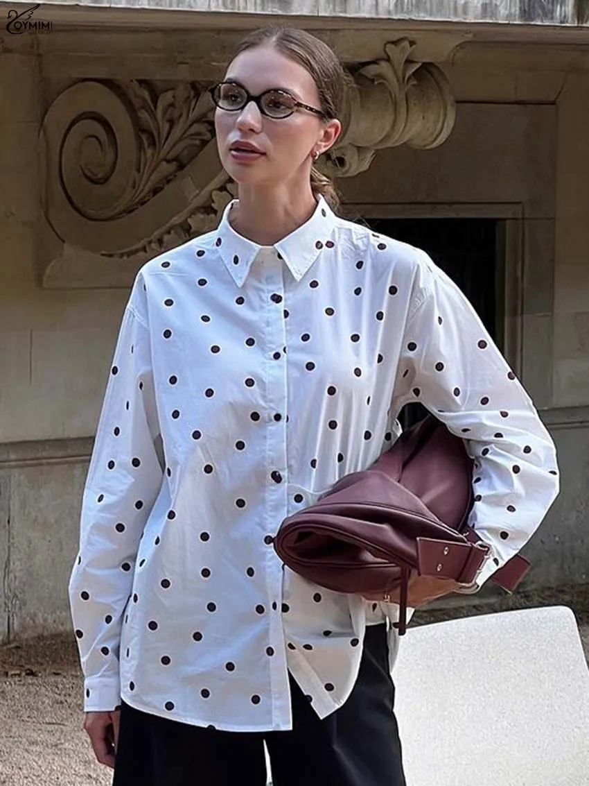

Oymimi Casual White Print Woman Blouses Fashion Turn-Down Collar Long Sleeve Shirts Elegant New Single Breasted Pockets Shirts