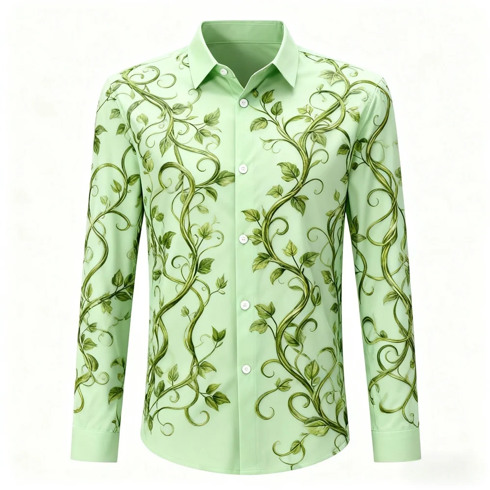 Men's New Green Plant Grass Print Shirt Slightly Elastic Soft Long-sleeved Lapel Shirt Hawaiian Vacation Outdoor Party Clothes