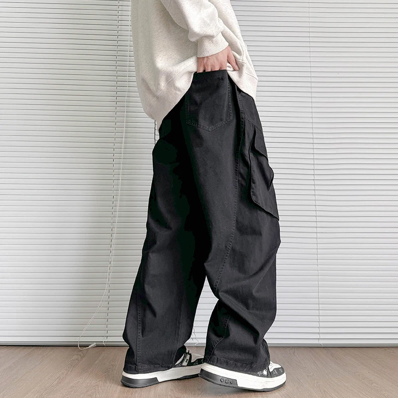 Autumn Winter Men Cargo Pants Cotton Straight Pleated Black Beige Long Trousers Oversized  Wide Leg Hip-hop Casual Pants