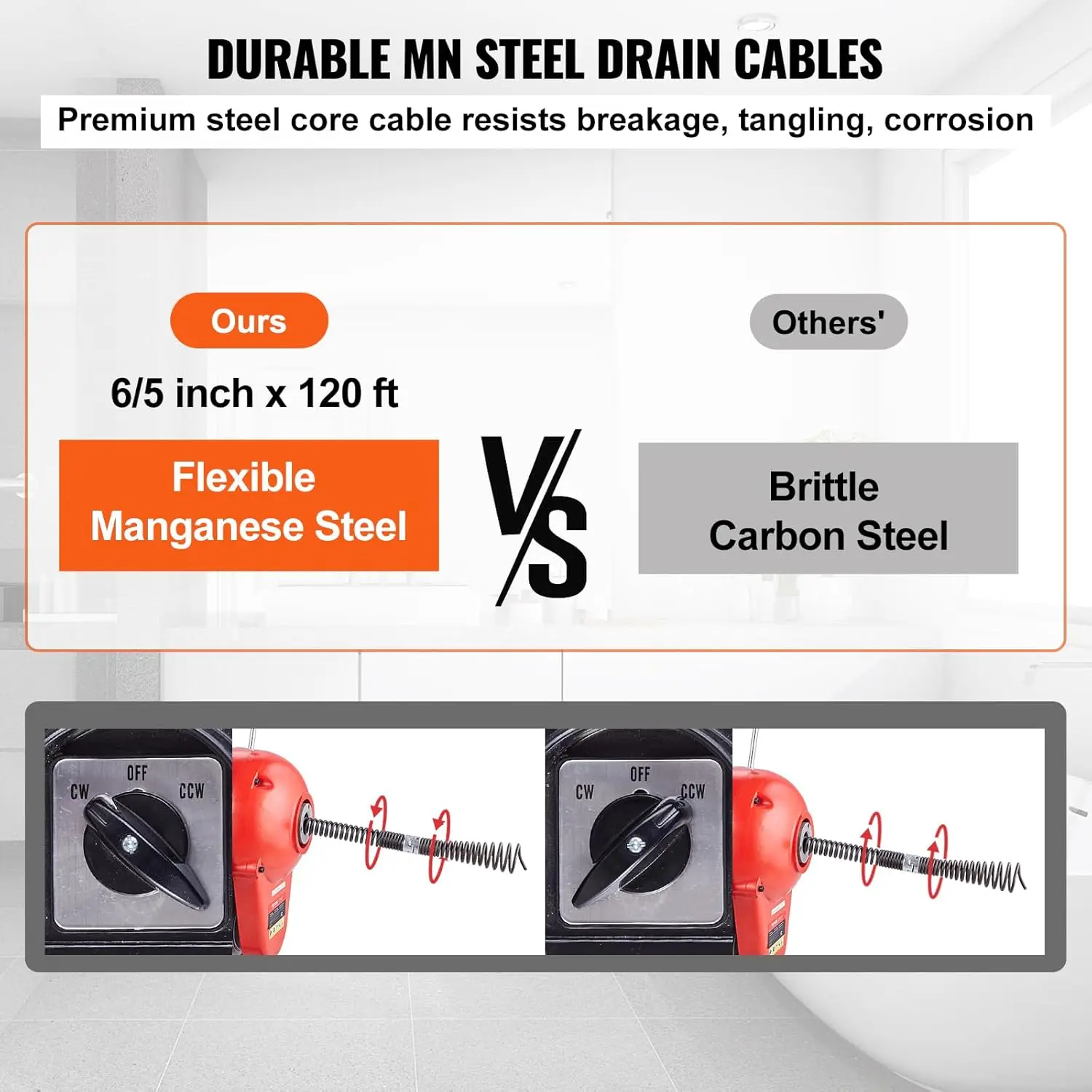 Máquina de limpeza de drenagem vevor 120ft x 6/5 Polegada, alimentação manual elétrica da broca da serpente da esgoto 1100w-com 6 cortadores e controle cw/ccw