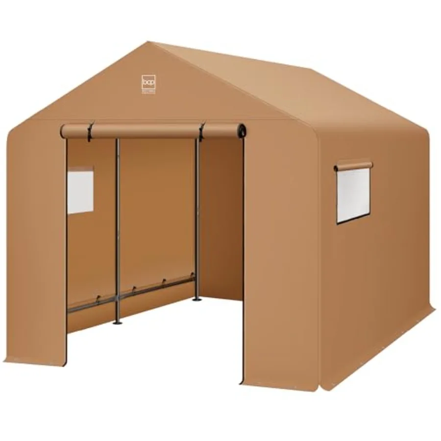 10x8ft Outdoor Storage Shed for Motorcycle, Bike, Garden Tools Tan Metal Frame with Dual Doors Windows, Weather-Resistant Canop