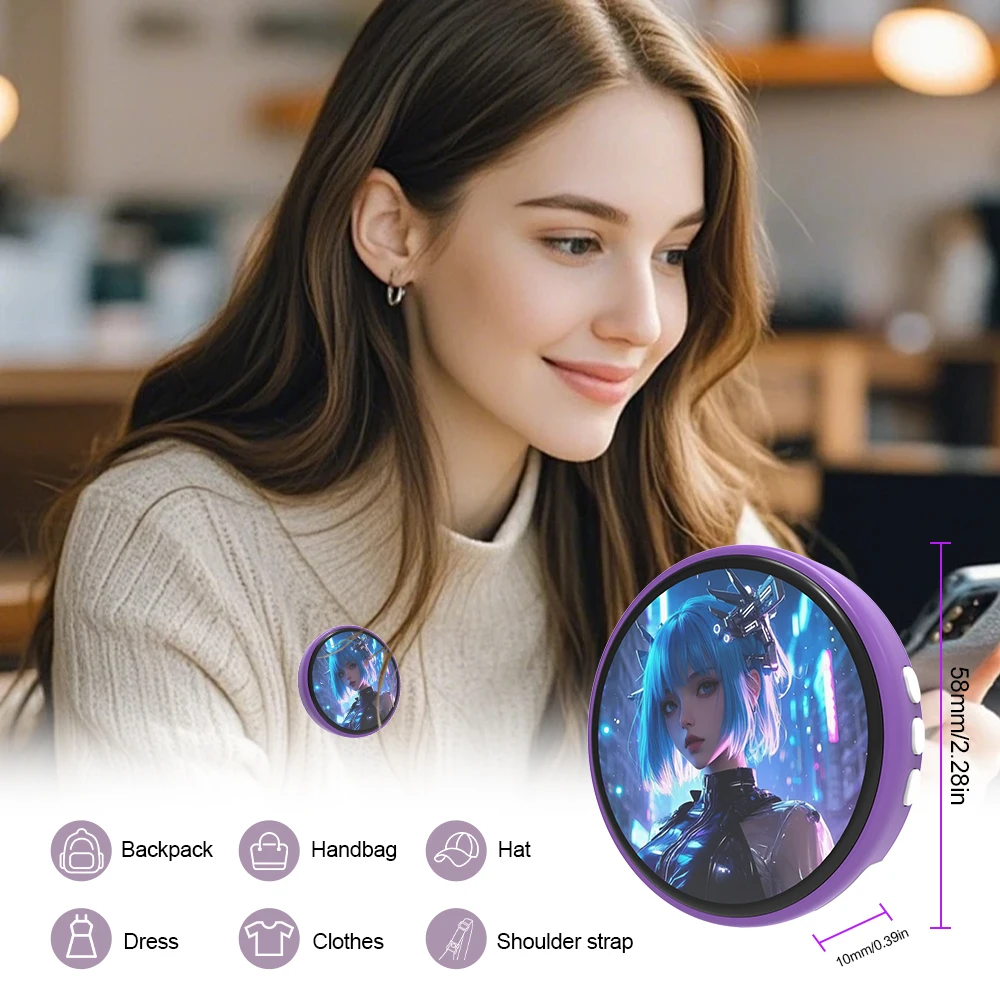 

Bluetooth Smart Cyber Badge 1.85 Inch HD Touch Screen Electronic Display Badge Support GIF Image Text Short Video Fashion Trendy