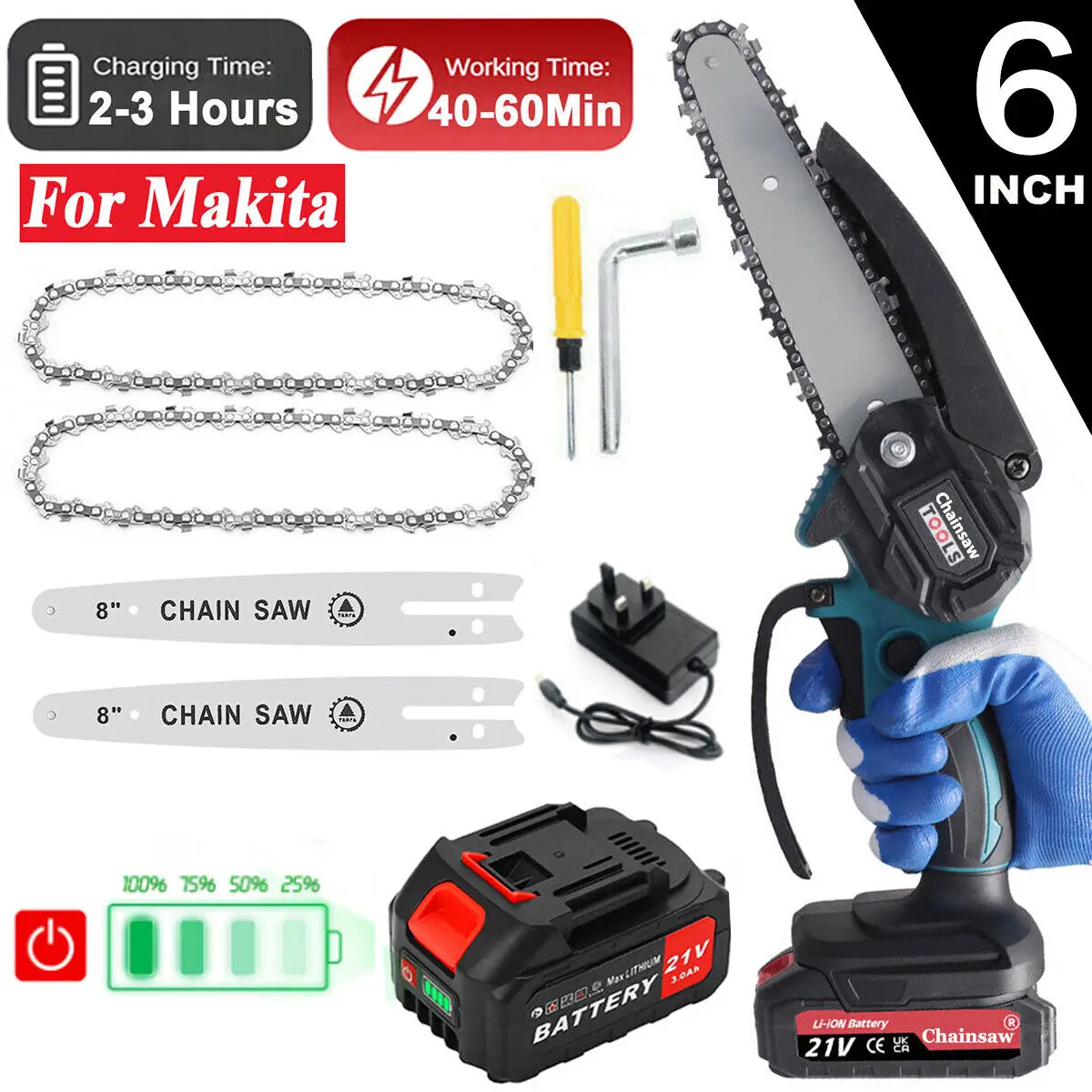 6 Inch Electric One-Hand Saw Wood Cutter Portable Mini Cordless Chainsaw Electric Single Hand Saw Wood Cutter 4000 Watt