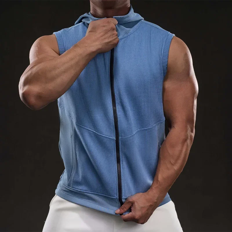 

Летний мужской открытый кардиган без рукавов в фитнес-стиле, жилет с капюшоном, повседневная одежда, китайская брендовая спортивная футболка с рисунком мышц