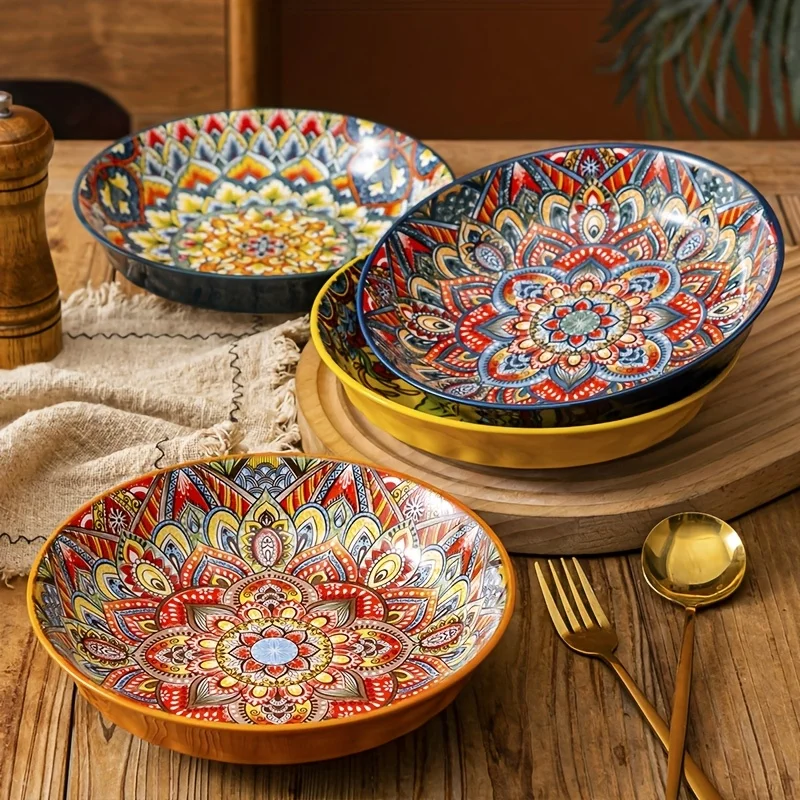 Juego de 6 Tazones para Pasta de 35 oz, Tazón Gigante para Ensalada de Cerámica Pintado a Mano Estilo Bohemio, Estilo Campestre Americano, Base Antideslizante, Apto para Microondas y Lavavajillas
