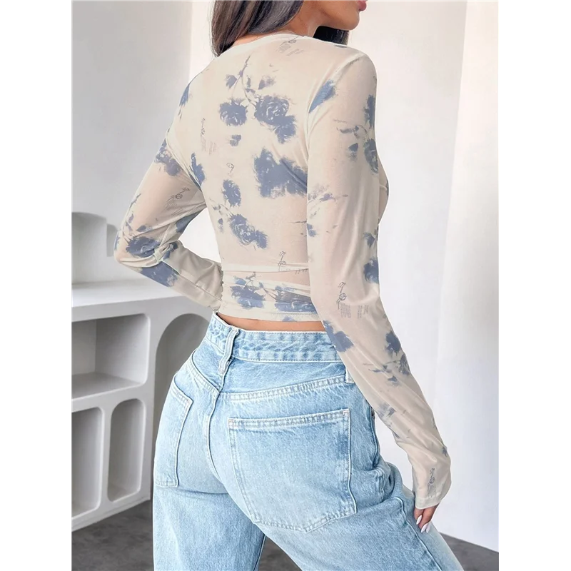 

A83F-Mesh Top Mesh Crop Top For Women Y2K Long Sleeve Crew Neck Top