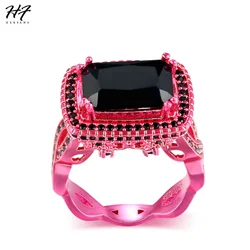 New Luxury Fashion Square Black Cubic Zirconia Pink Gold Color Ring Cocktail Rings For Women Punk Hippie Fashion Jewelry DD041