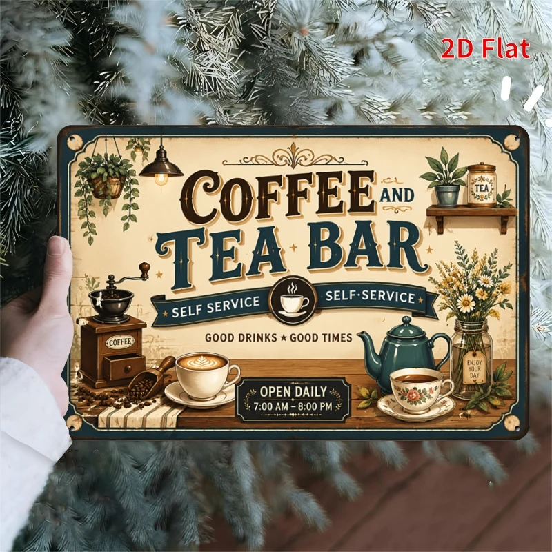 Coffee Bar Decor, Coffee And Tea Self Service Metal Tin Plaque, Vintage Farmhouse Decorative Signs