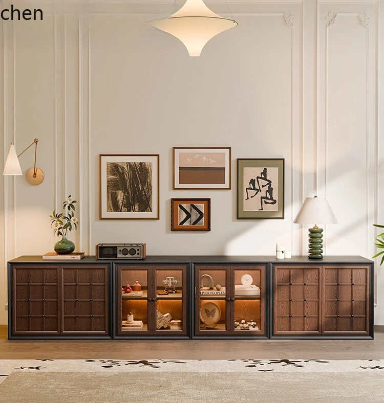 PYH Solid Wood Floor-standing TV Cabinet Module Combination Vintage Style Storage Cabinet Home Coffee Table Set