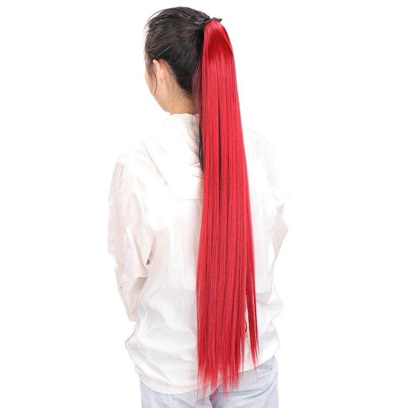 Synthetic Long Straight Red Ombre Ponytail Hairpiece Natural Fake Velcro Wrap Clip-on Ponytail Extensions Afro Ponytail