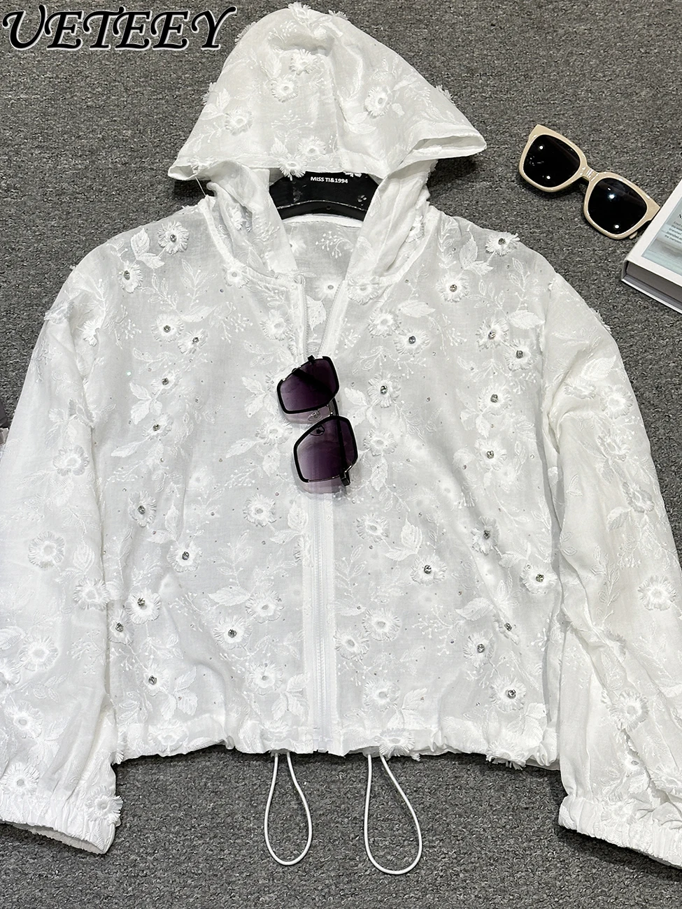 2025 Summer Heavy Industry New Embroidery Flower Hooded Long-sleeved Shirt Women's Loose Casual Solid Color Versatile Tops