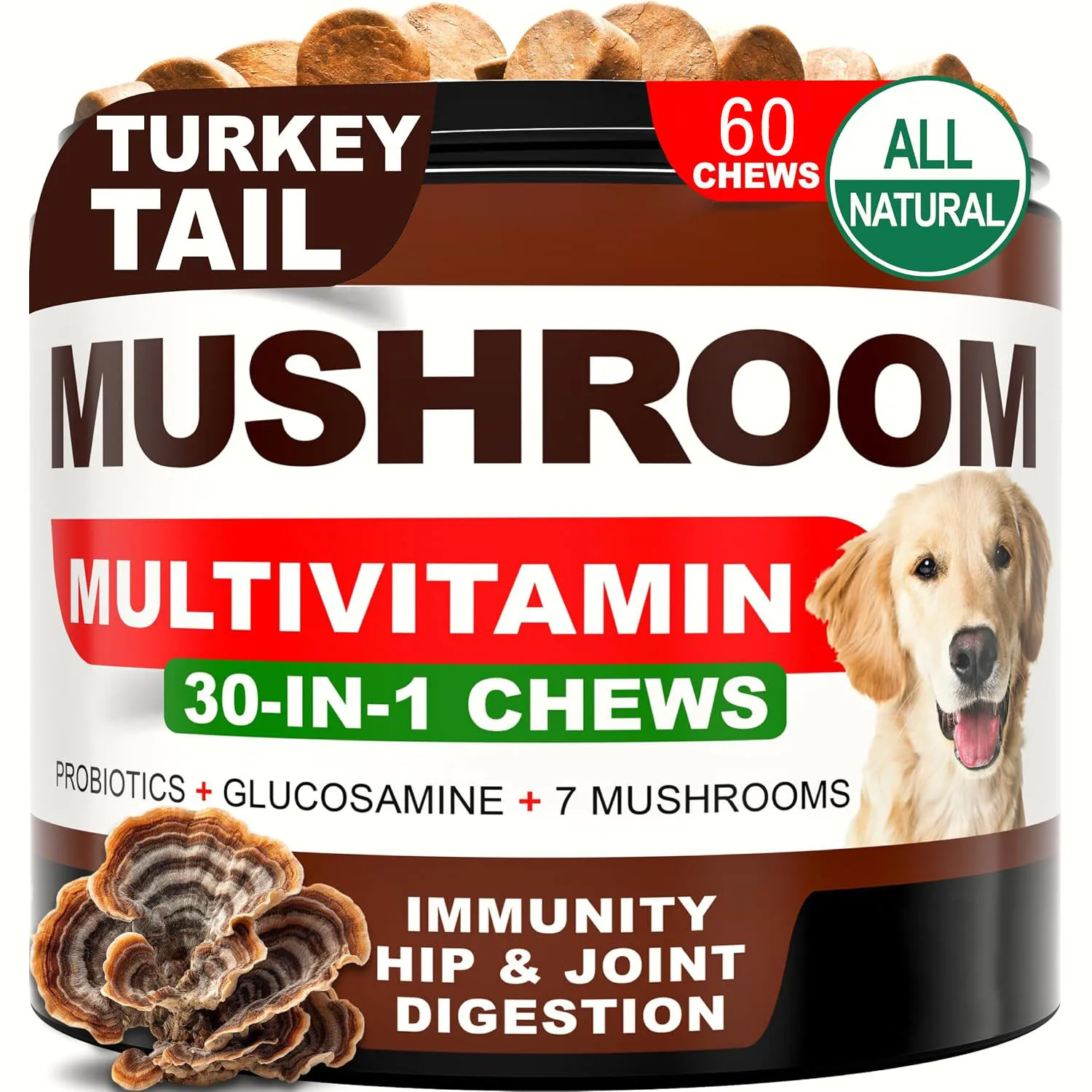 Turkey Tail Mushroom Supplement for Dogs - Lion's Mane, Reishi, Immunity Multivitamin for Joint Health, Energy, Gut Skin & Coat