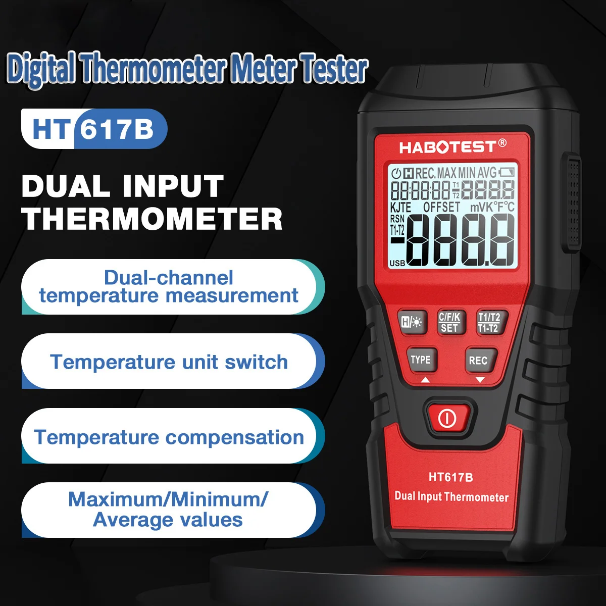 

Цифровой двухмерный цифровой термометр HT617B, тестер, подходит для нескольких видов термопар