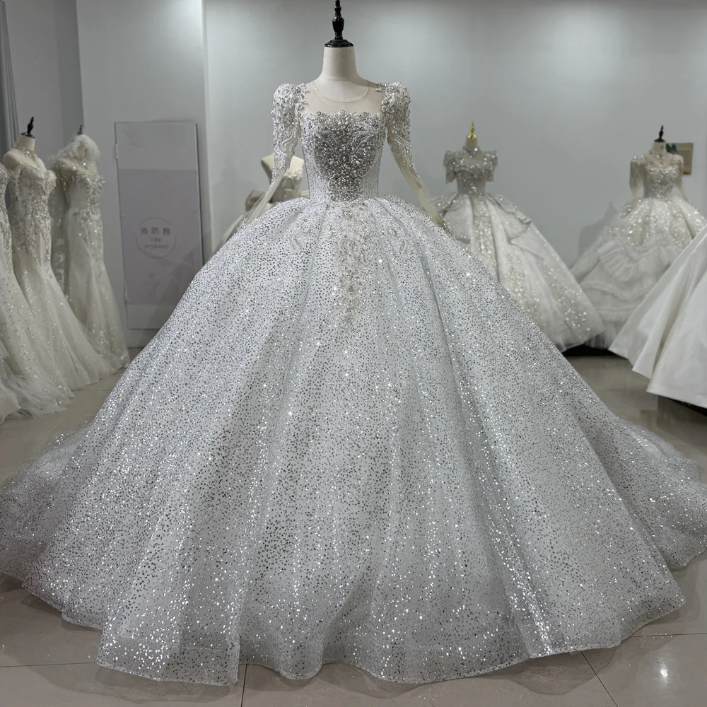 Vestidos De Noiva Casamento Long Sleeve O Neck Wedding Dress Beading Sequins Crystal Ball Gown Siver Bridal Dress
