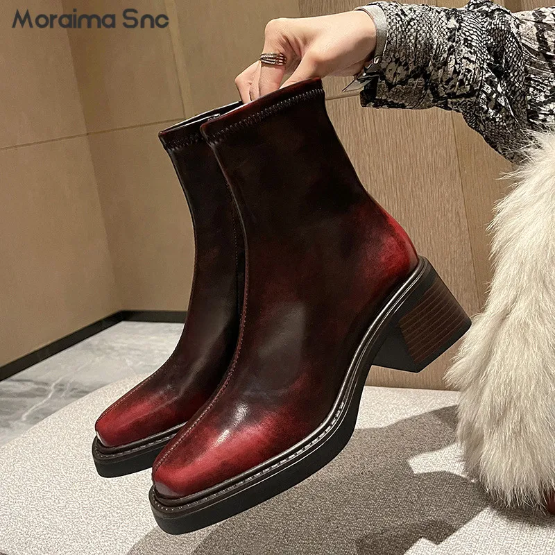 

Niche Colored Retro Short Boots Square Toe Thick High Heel Elastic Boots Personality Fashion Trend Motorcycle Boots Women's Boot