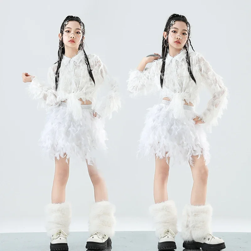 힙합 소녀 k-pop 스팽글 자르기 탑 스트리트 댄스 깃털 스커트 어린이 streetwear 스커트 어린이 재즈 의상 의류 세트
