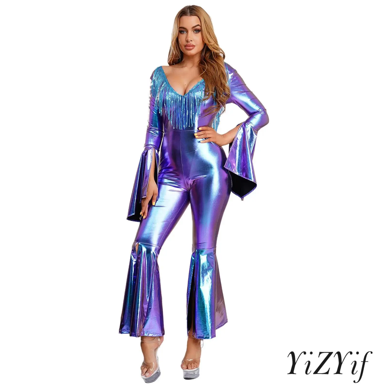 

Womens 70s 80s Disco Jazz Dance Jumpsuit V Neck Sequin Tassel Backless Flared Cuffs Legs Bodysuit Rompers for Music Festival