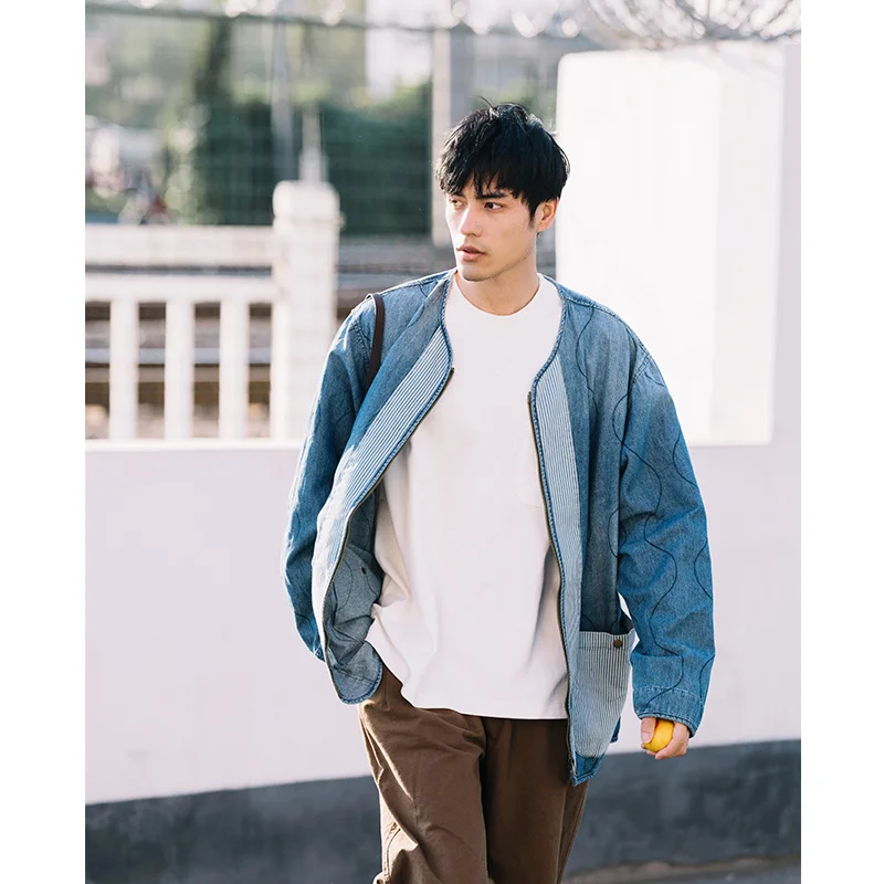 

Retro Ethnic Print Multi-ket Waed Denim Jaet Men's Autumn Sle Vintage Workwear Casual Outerwear V-Ne Zipper