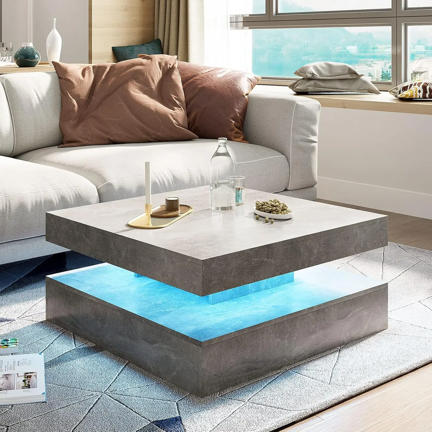 Modern Grey LED Square Coffee Table - 2-Tier Contemporary Wood Center Table with Storage, for Living Room/Dining/Reception