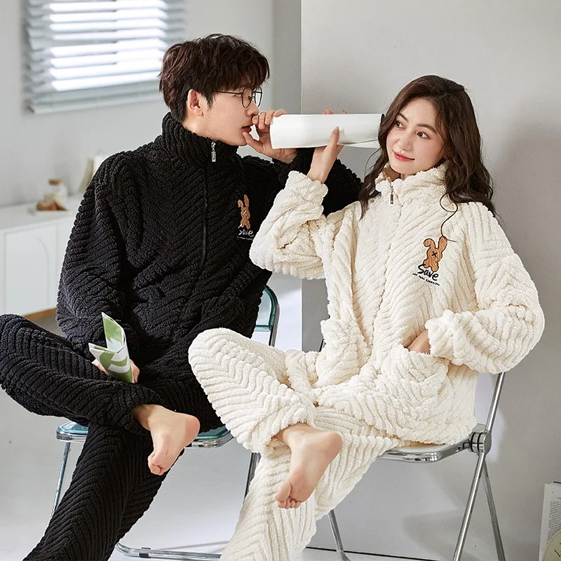 Korean Zipper Nightwear Couples Winter Warm Flannel Pajama Set Women Coral Fleece Pijama Men Casual Home wear pyjama lounge set