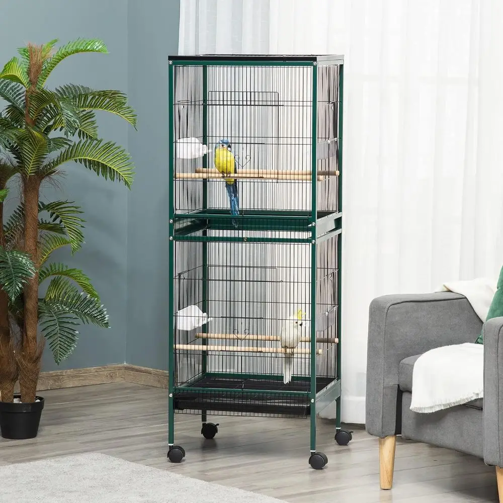 

55 Tall Double Birdcage with Wheels, 4 Slide-Out Trays for Parakeets, Green & Black