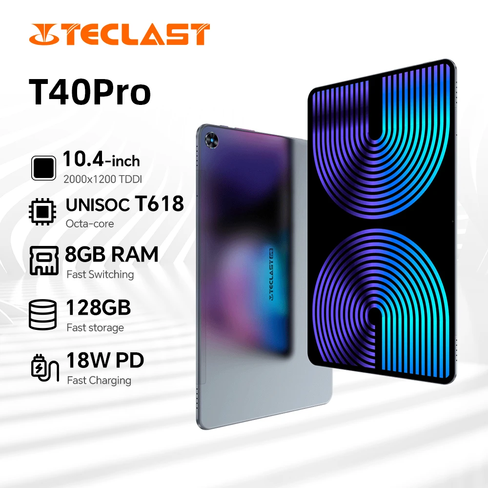 Teclast T40 Pro 10.4 inch tablet, 8GB RAM, 128GB ROM, 7000mAh, fast charging, 2000x1200, UNISOC T618, 8 cores, 4G network, Wifi, Widevine L1 support, Android 11, 13MP+8MP