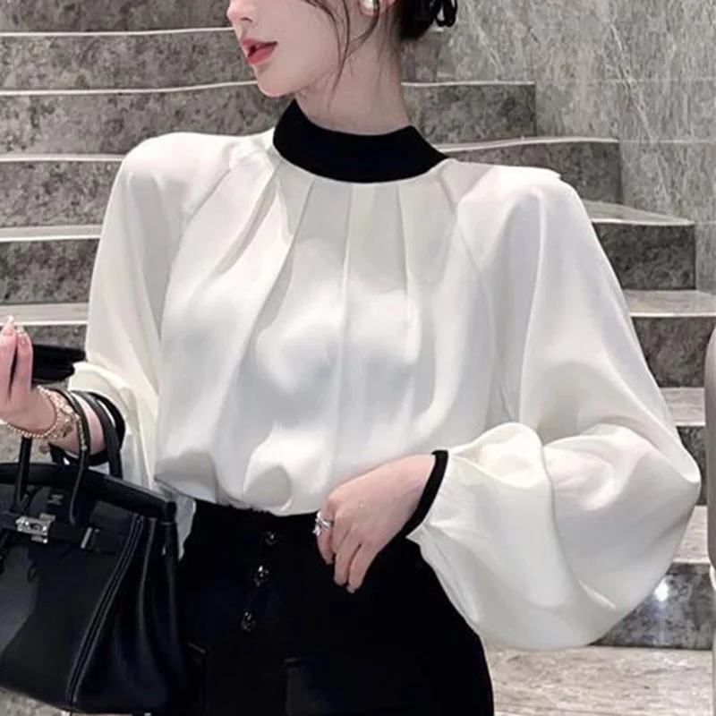 Fashion Loose Lace Up Bow Folds Lantern Sleeve Blouse Female Clothing 2023 Autumn New Casual Tops All-match Office Lady Shirt