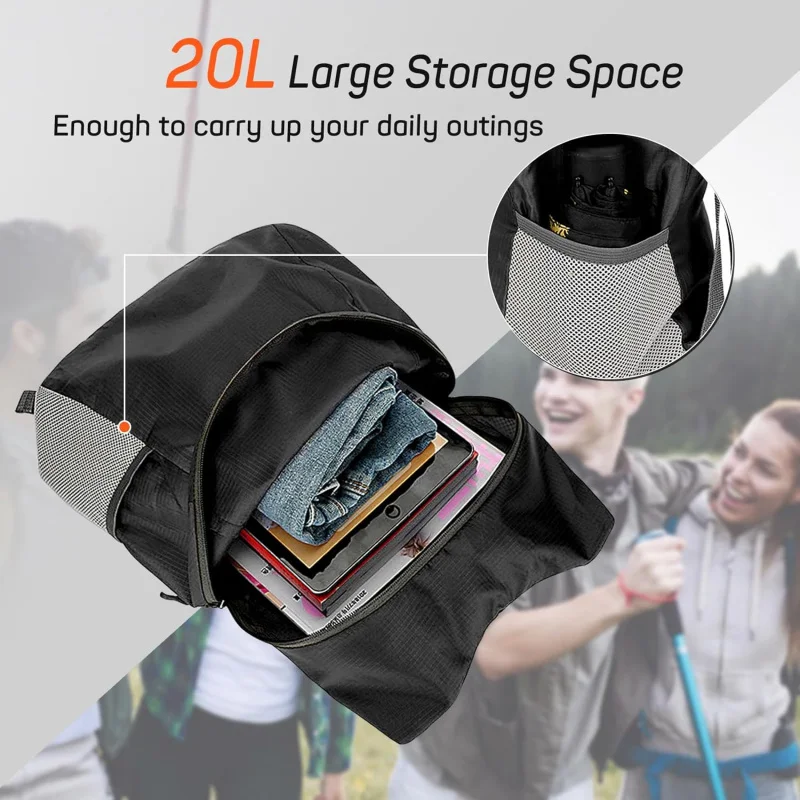 Sac à dos de camping hydrofuge pour hommes et femmes, sac à dos de randonnée, sacs à dos pliables pour voyage, plein air (noir