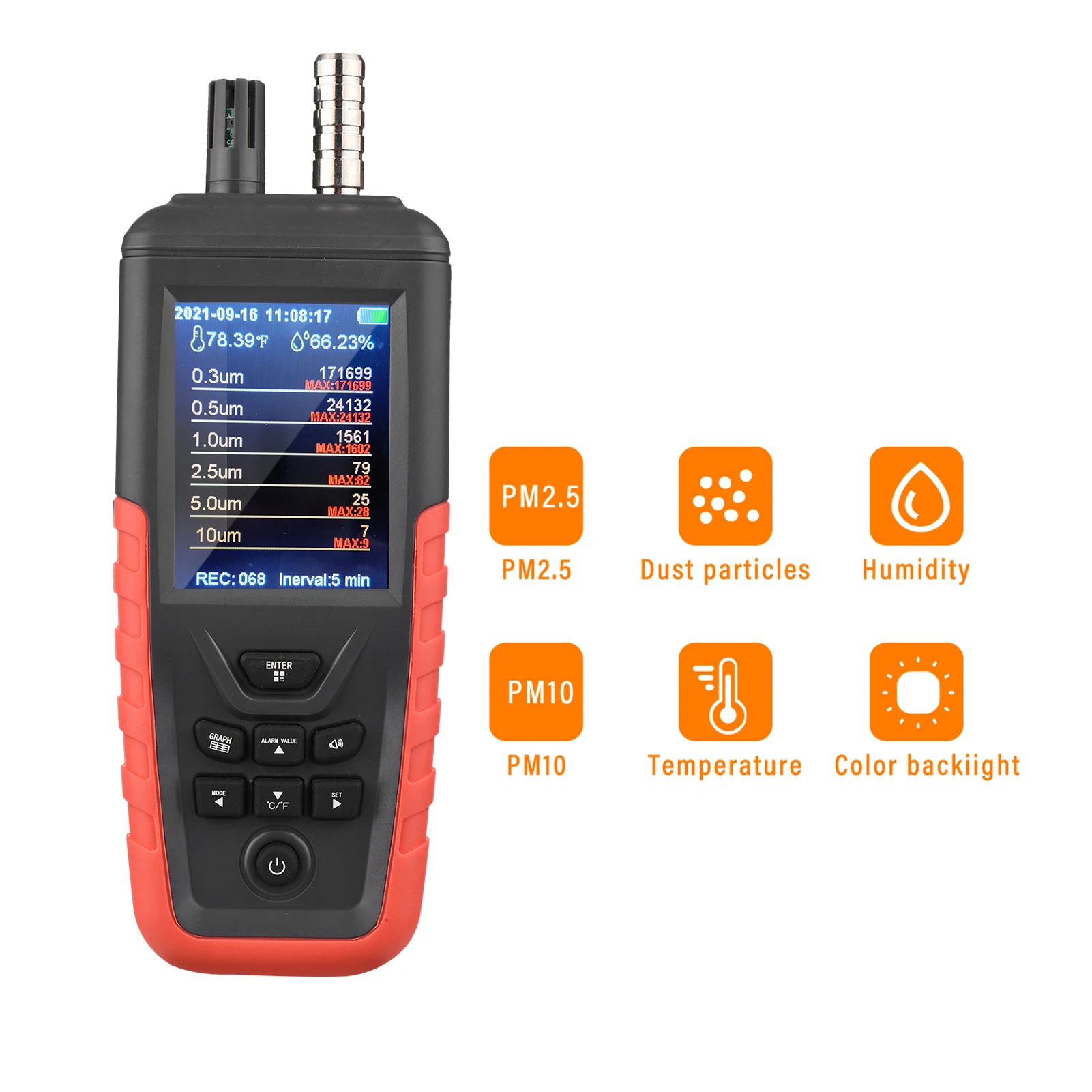 Air Quality Tester Humidity Monitor Dust Particle Counter 6-Channel 0.3um/ 0.5μm/ 1.0μm/ 2.5μm/ 5.0μm/ 10um PM2.5 PM10 Detector