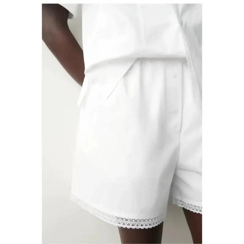 Maxdutti Southern France Minimalist White Women's Casual Clothing Flip Collar Short Sleeve Shirt Embroidered Button Shorts Set