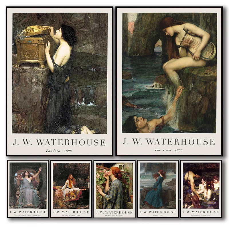 Vintage John William Waterhouse Art Print The Siren Miranda Pandora Classic Portrait Canvas Poster Pre-Raphaelite Wall Art Decor