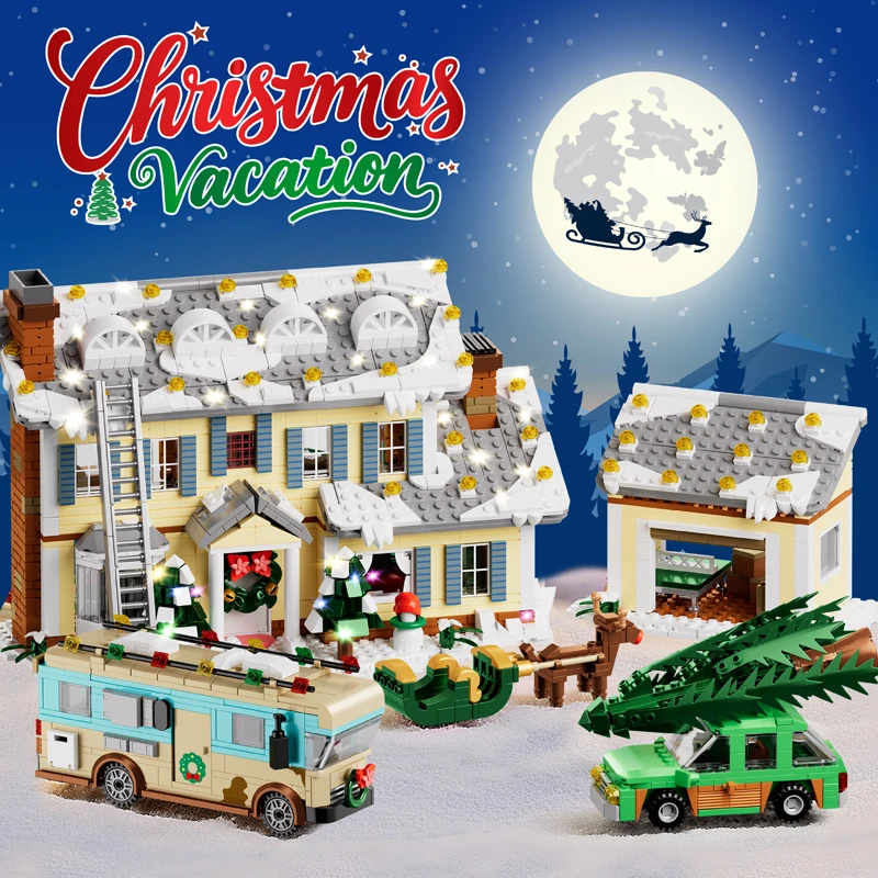 1950+PCS Classic Movie Christmas Vacation House Building Block Kit Winter Snow Village Model With RV Garage & Reindeer Sleigh, Xmas Decor Gift for Adult Kids