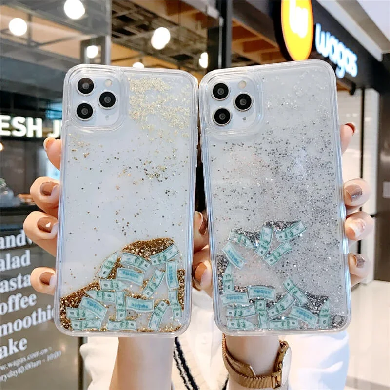 Dollar Quicksand Cover for iPhone 16 14 15 Pro Max Phone Case Glitter Moving Sand Gold Silver Figures Shell Liquid Funda Hull