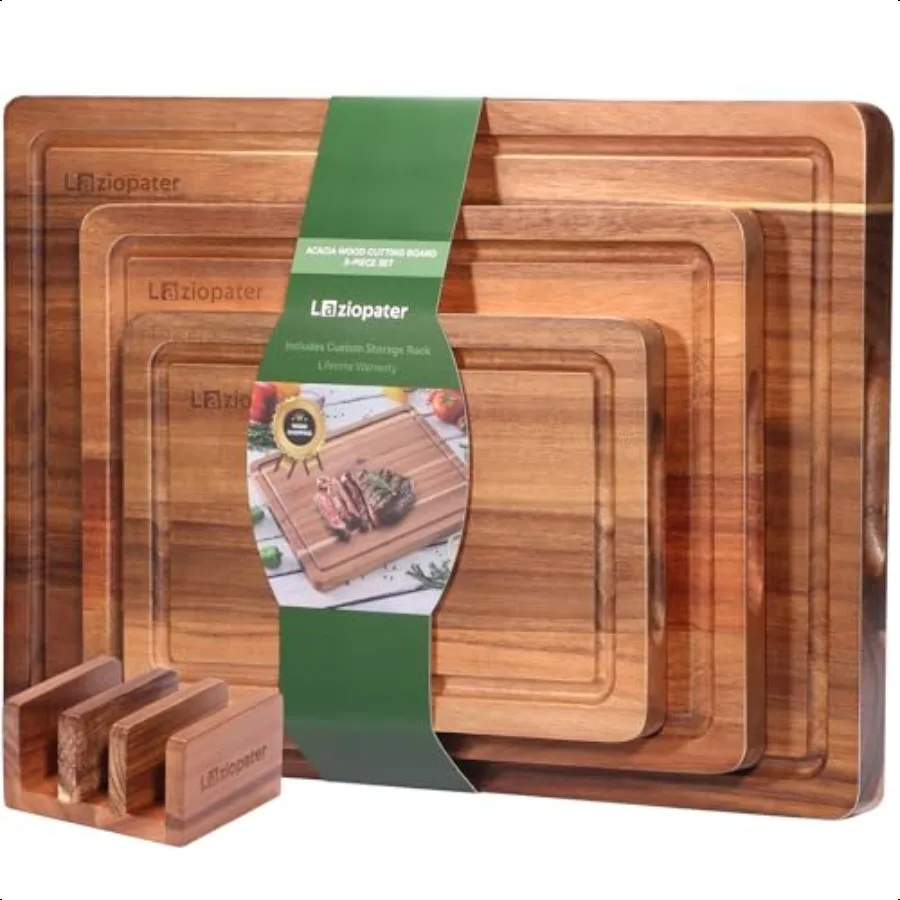 

Acacia Wood Cutting BoardSolid Wood Cutting Board for Kitchen with Holder with Deep Juice Grooves Builtin Handles Durable Woode