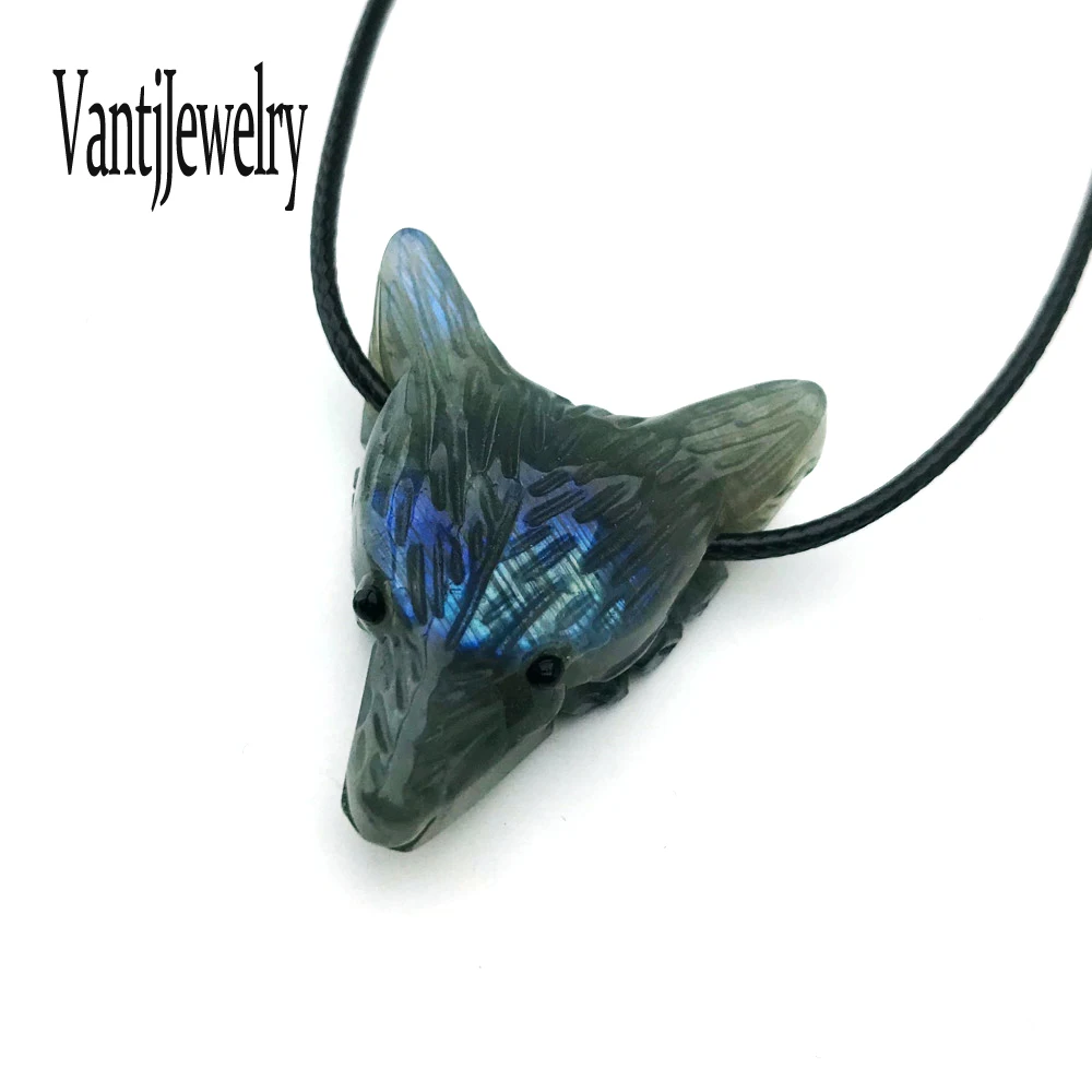 

Novelty Wolf Head Pendant Natural Labradorite Necklace Gemstone 28*32mm for Women Man Birthday Party Gift