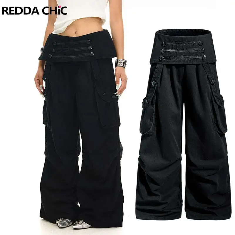 REDDACHiC Napoleon Cargo Pants for Women Grunge Black Cleanfit High Waist Fold Over Buttons Wide Leg Pants Vintage Streetwear