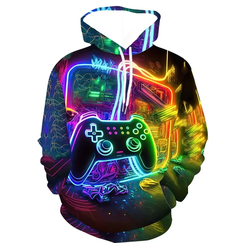 Neon Glow Hoodie Men 3D Print Game Controller Design Multicolor Pullover Sweatshirt Casual Streetwear Gaming Console Fan Clothes