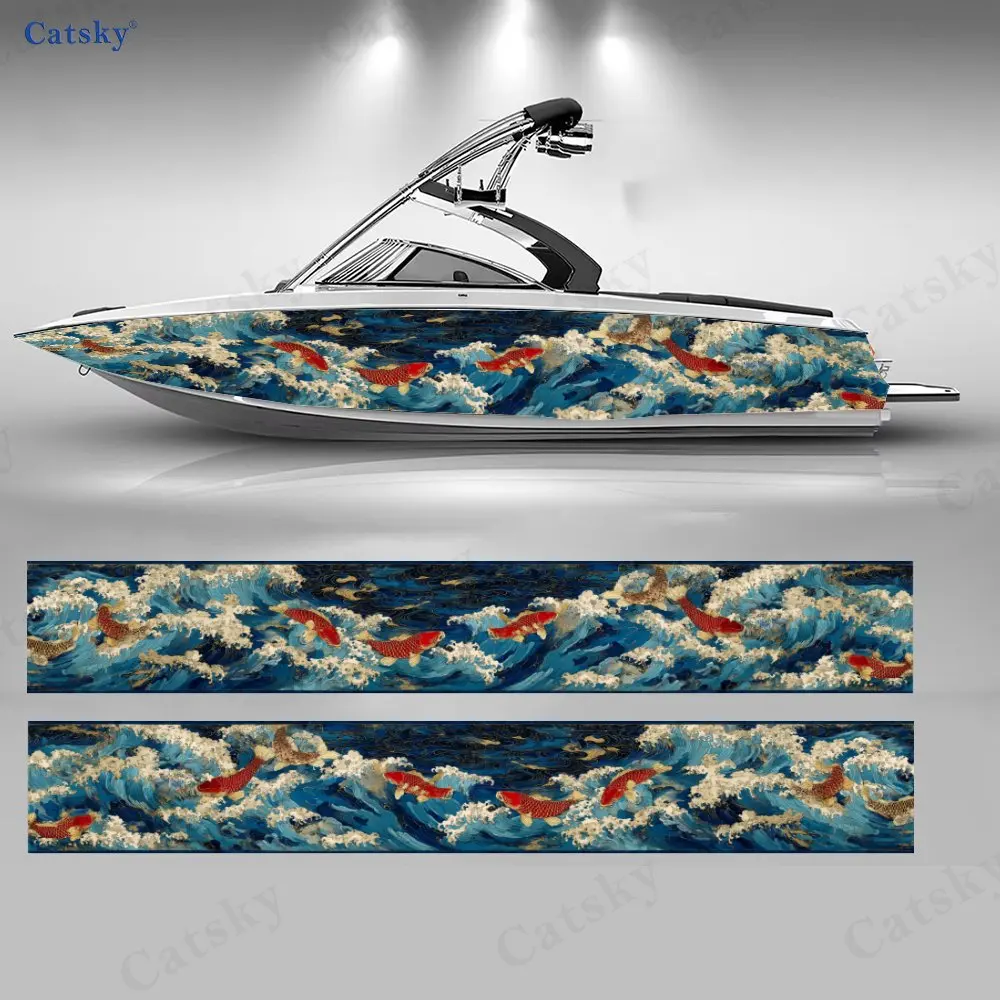 Japanese Style Wave & Golden Koi Boat Stickers, PVC Waterproof Vinyl Wrap Decals for Fishing Boats, Durable and Stylish Design