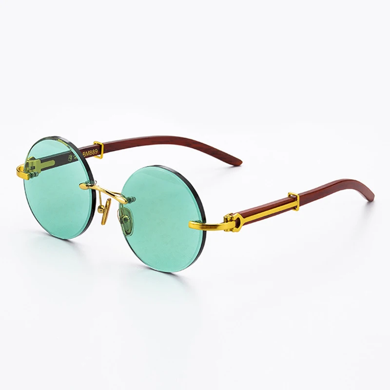 Green Crystal Stone Sunglasses Man Round Rimless Glass Sun Glasses Woman Natural Mineral Lens Retro Wooden Frame Top Quality